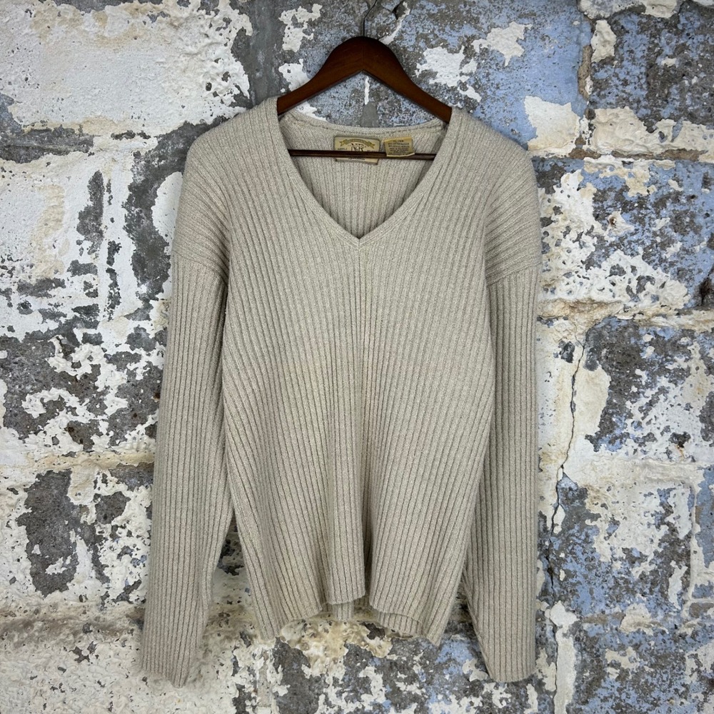 Vintage New River Co Ribbed V-Neck Sweater Beige Heavy Cotton Blend Knit Mens XL